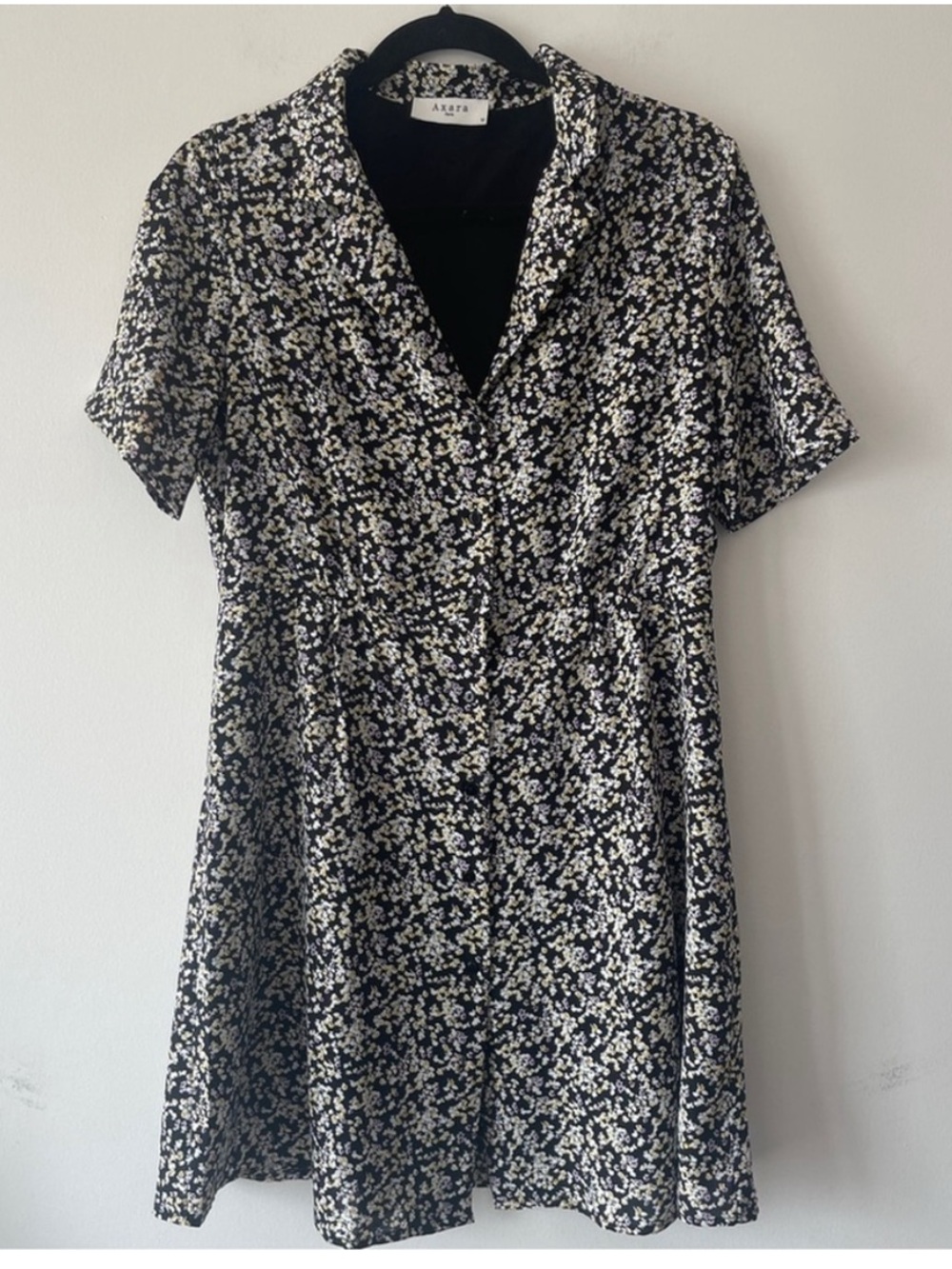 Axara Paris Floral Mini Dress in Black and White yellow button up short sleeve